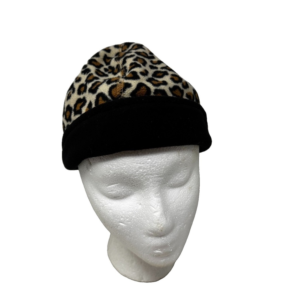 Animal Print And Black Fleece Hat Beanie One Size Reversible